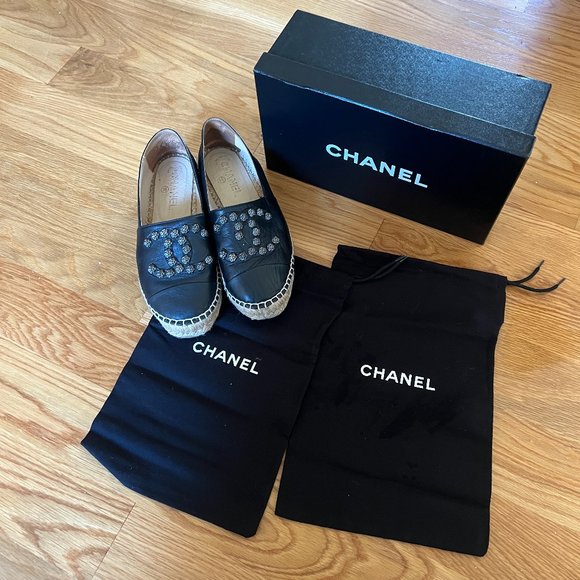 Chanel Woven Espadrille 37 Lambskin Leather Studded Cc Flats CC-0522N-0189 - Picture 1 of 4